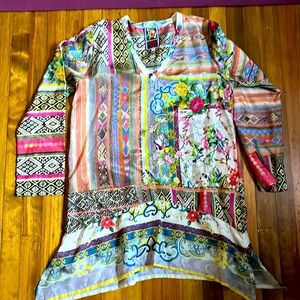 Johnny Was Long-Sleeve 100% Silk Patchwork-Print Tunic size S